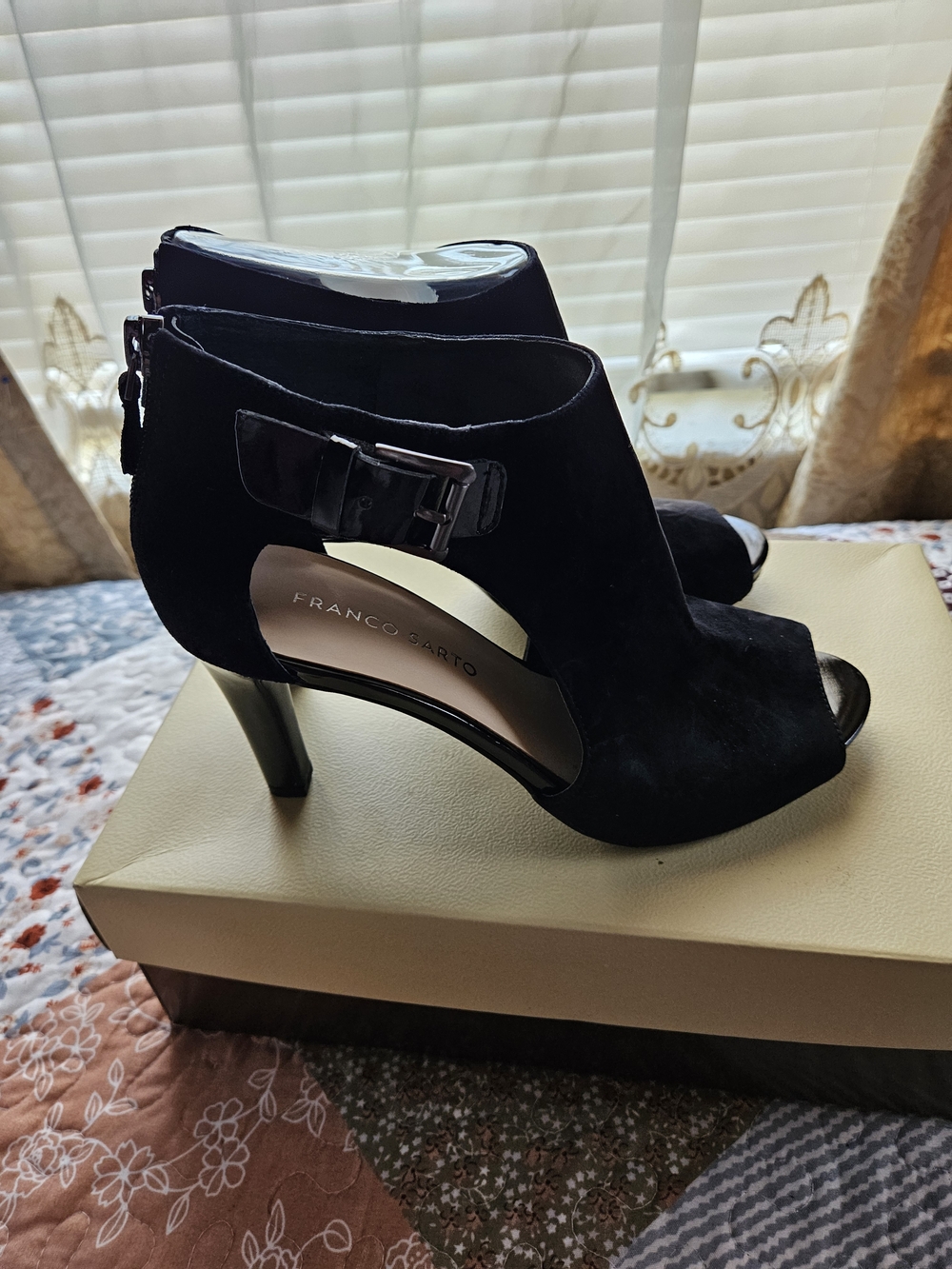 Franco Sarto Black Suede Peep-Toe Heel Booties with Side Buckle